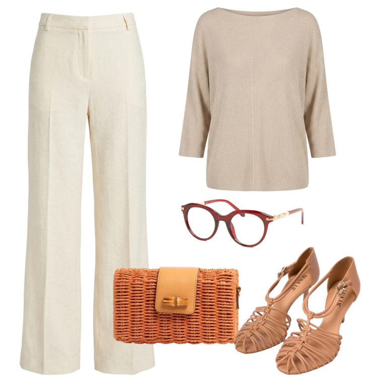 Outfit donna - Nuna lie. Stile Casual chic per Ufficio. Abbinamento con sandali in pelle, pantaloni, borse a tracolla, bluse, occhiali da sole.