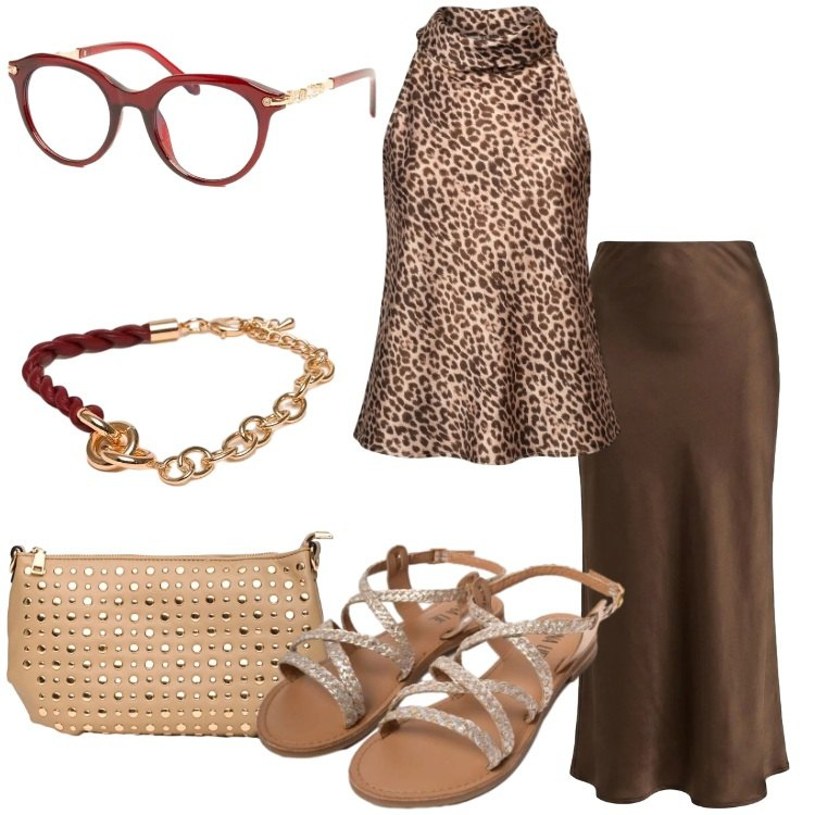 Outfit donna - Sandali protagonisti. Stile Trendy per Serata fuori. Abbinamento con braccialetti, gonne longuette, sandali in pelle, canottiere, occhiali da sole, borse a tracolla.