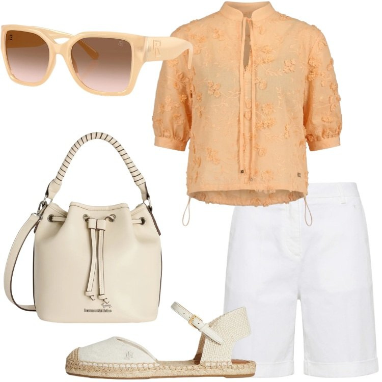 Outfit donna - Total look #2418232. Stile Casual chic per Tutti i giorni. Abbinamento con bluse, bermuda, borse a secchiello, occhiali da sole, espadrillas.