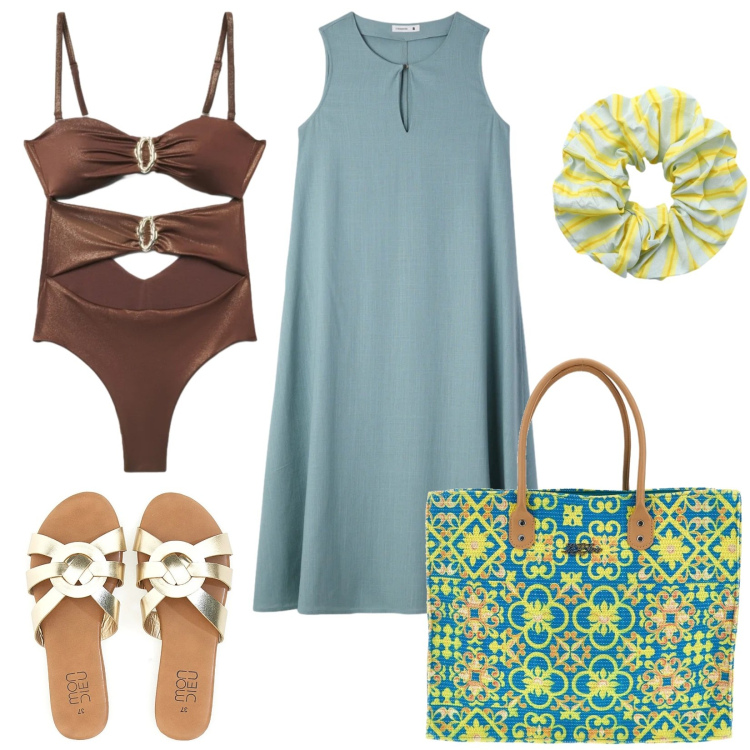 Outfit donna - Vacanze al mare. Stile Casual chic per Mare. Abbinamento con vestiti lunghi, accessori per capelli, costumi interi, ciabatte, borse a spalla.