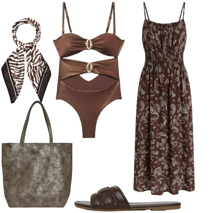 Outfit donna - Terranova - Beach State of Mind. Stile Boho per Mare. Abbinamento con vestiti lunghi, ciabatte, costumi interi, shopping bag, foulard.