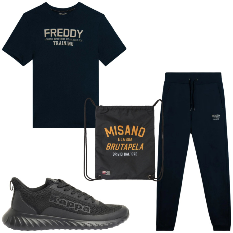 Outfit uomo - Total look #2418237. Stile Urban per Sport. Abbinamento con sneakers, borse sportive, t-shirt, pantaloni.