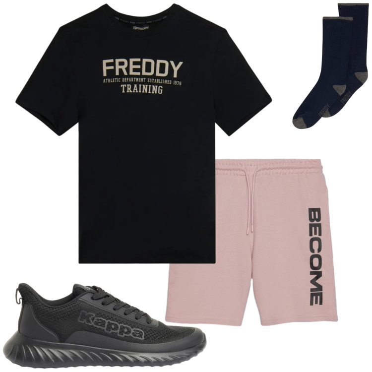 Outfit uomo - Total look #2418242. Stile Trendy per Sport. Abbinamento con sneakers, bermuda, t-shirt, calzini.