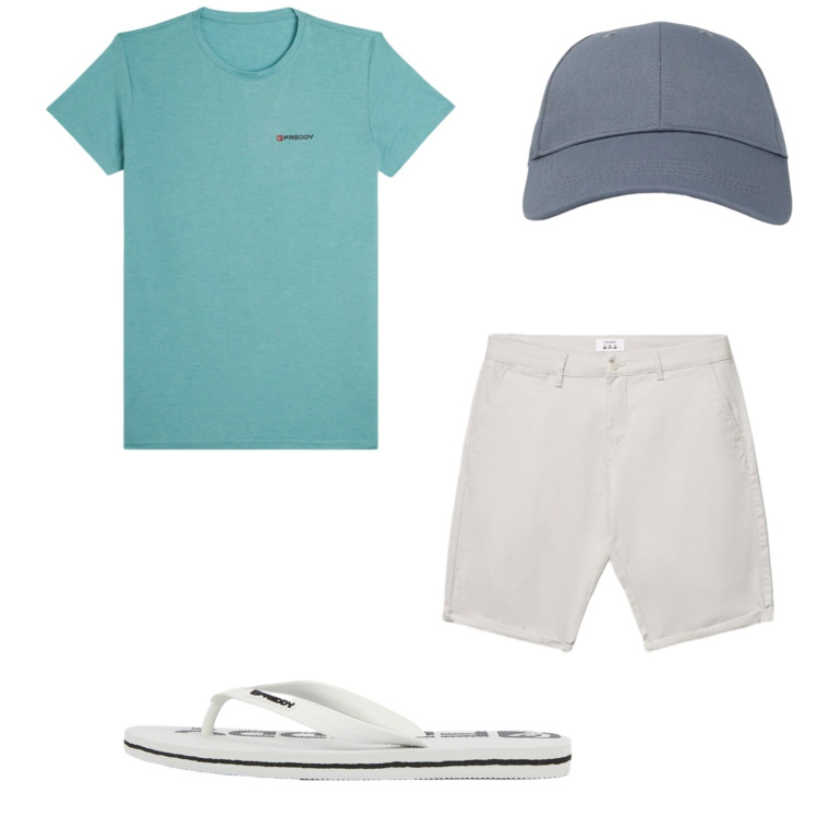 Outfit uomo - Total look #2418243. Stile Casual per Mare. Abbinamento con cappelli con visiera, shorts, t-shirt, sandali.
