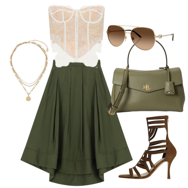 Outfit donna - Giugno. Stile Glamour per Tutti i giorni. Abbinamento con top, sandali col tacco, gonne lunghe, occhiali da sole, ciondoli, borse a mano.