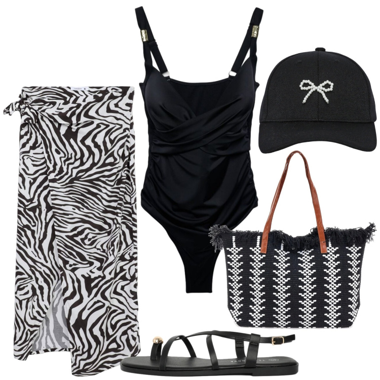 Outfit donna - Total look #2418248. Stile Glamour per Mare. Abbinamento con cappelli con visiera, vestiti da spiaggia, sandali, costumi interi, borse tote.