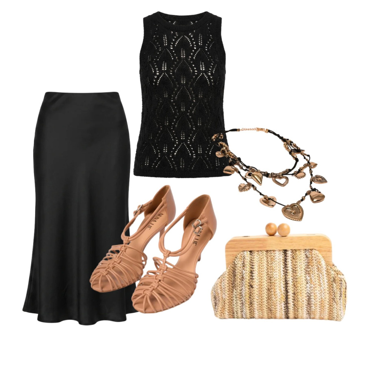 Outfit donna - Giugno. Stile Glamour per Serata fuori. Abbinamento con top, clutch, gonne longuette, sandali in pelle, collane.