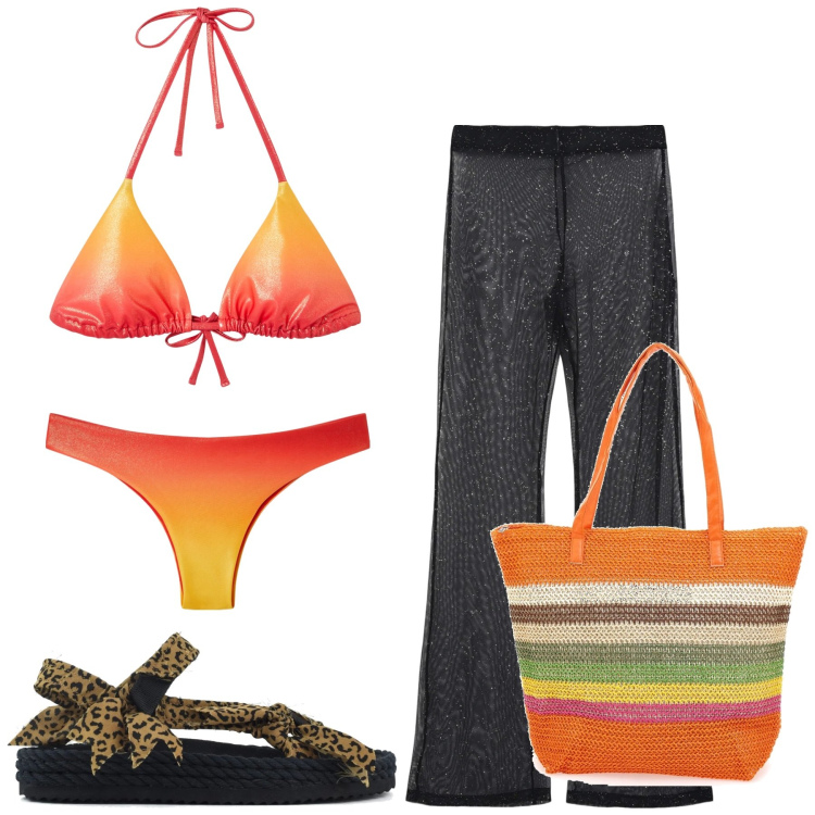 Outfit donna - Total look #2418253. Stile Chic per Mare. Abbinamento con vestiti da spiaggia, bikini, bikini, sandali, shopping bag.