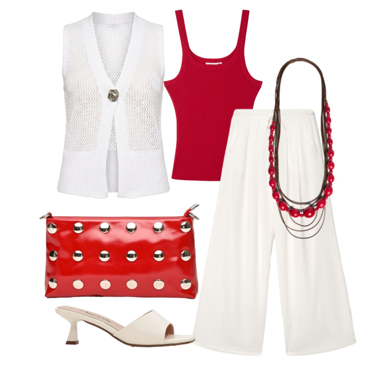 Outfit donna - Giugno. Stile Casual chic per Serata fuori. Abbinamento con ciabatte, pantaloni, canottiere, maglieria, borse a tracolla, collane.