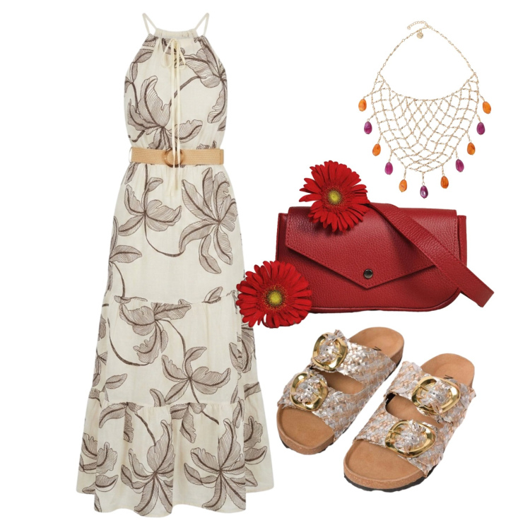 Outfit donna - Giugno. Stile Romantica per Serata fuori. Abbinamento con vestiti lunghi, ciabatte, borse a tracolla, collane.
