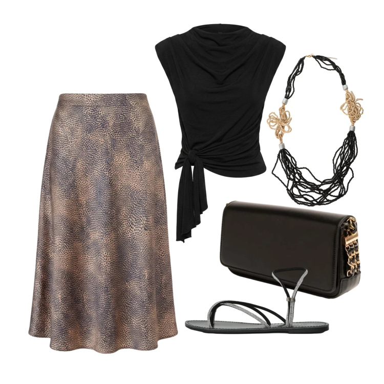Outfit donna - Giugno. Stile Trendy per Serata fuori. Abbinamento con sandali, gonne longuette, clutch, top, collane.
