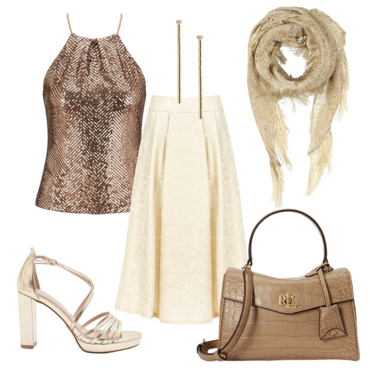 Outfit donna - Total look #2418259. Stile Chic per Serata fuori. Abbinamento con stole, gonne longuette, sandali col tacco, canottiere, orecchini, borse a mano.