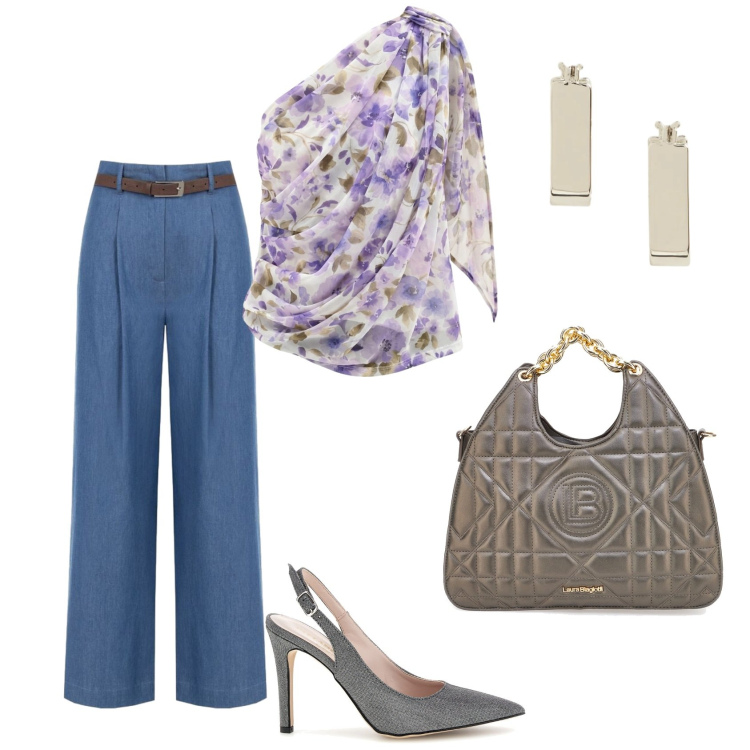 Outfit donna - Total look #2418260. Stile Chic per Ufficio. Abbinamento con top, pantaloni a palazzo, orecchini, borse a mano, décolleté.