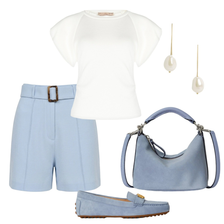 Outfit donna - Total look #2418261. Stile Casual chic per Tutti i giorni. Abbinamento con t-shirt, shorts, mocassini, borse a spalla, orecchini.