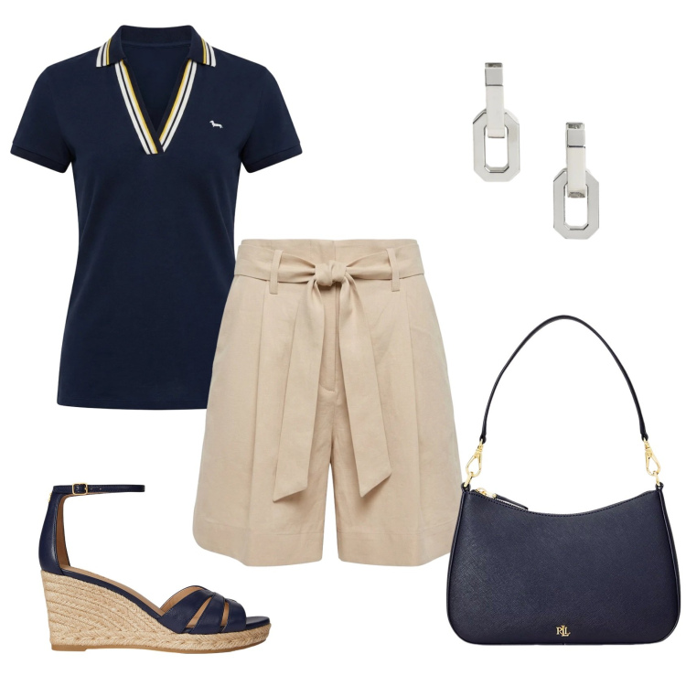 Outfit donna - Total look #2418262. Stile Casual chic per Tutti i giorni. Abbinamento con polo, bermuda, borse a spalla, orecchini, zeppe.
