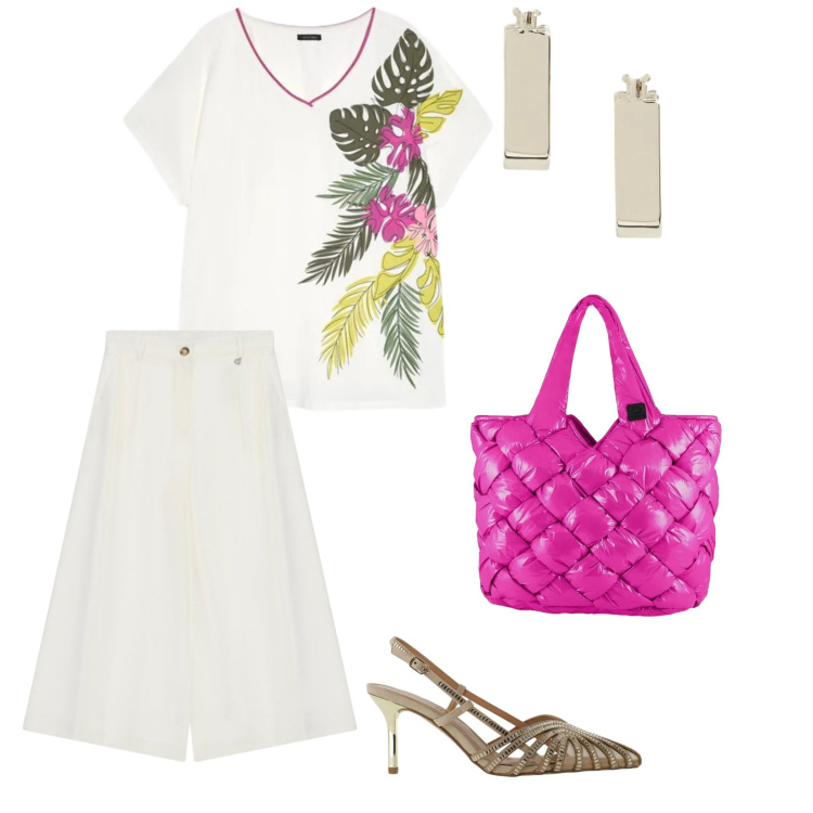 Outfit donna - Mediterraneo chic. per Ufficio. Abbinamento con décolleté, pantaloni a palazzo, t-shirt, orecchini, borse tote.