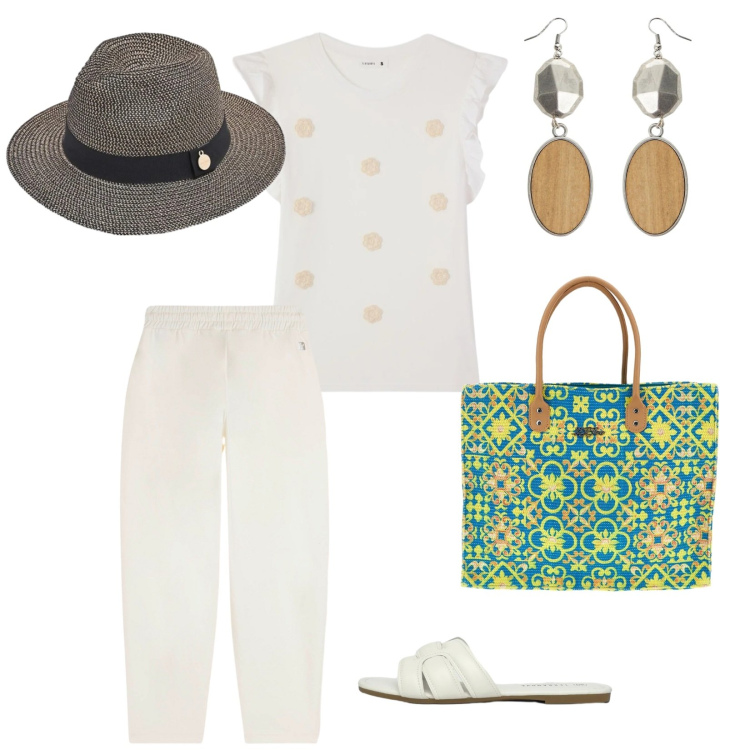 Outfit donna - Mediterraneo chic. per Tutti i giorni. Abbinamento con t-shirt, ciabatte, cappelli, pantaloni, orecchini, borse a spalla.