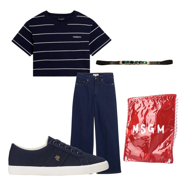 Outfit donna - Sporty chic. Stile Sporty chic per Serata fuori. Abbinamento con zaini, jeans dritti, cinture, t-shirt, sneakers.