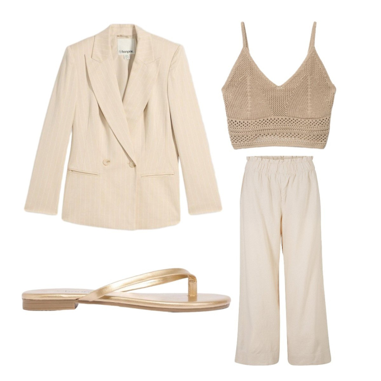Outfit donna - Elegante tonalità neutre. Stile Minimal per Serata fuori. Abbinamento con pantaloni culotte, blazer, sandali, top.