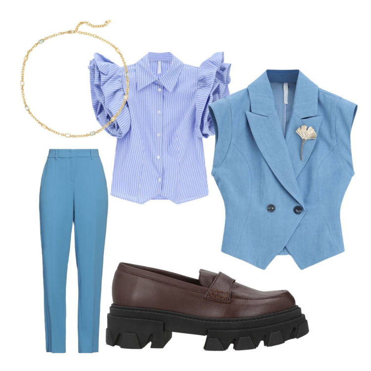 Outfit donna - Eleganza formale. Stile Mannish per Serata fuori. Abbinamento con pantaloni, mocassini, camicie a manica corta, gilet, collane.