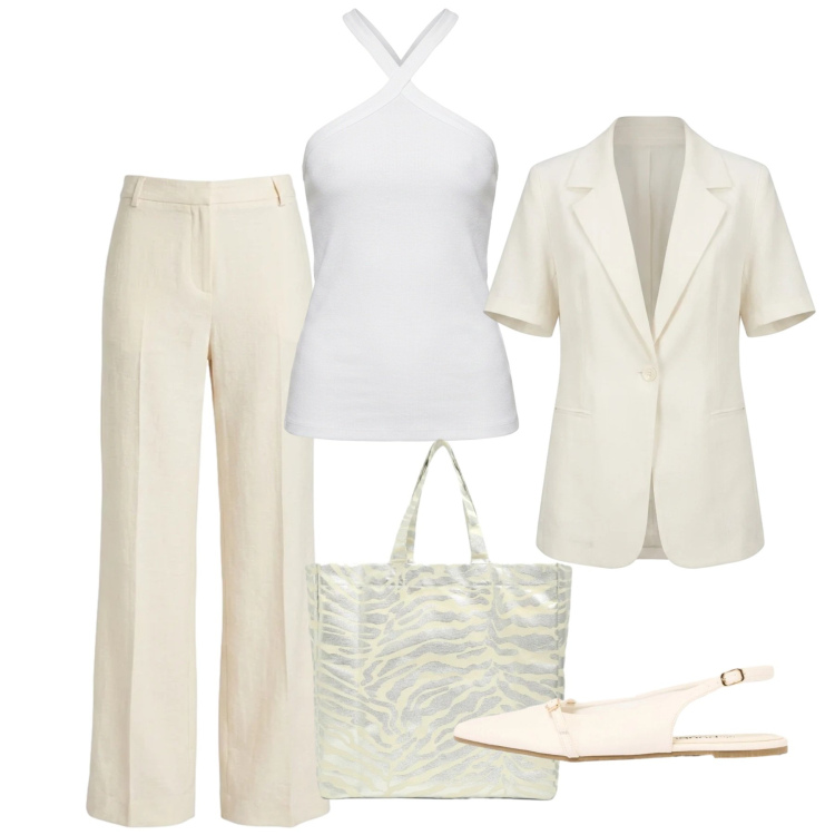 Outfit donna - Total white di giugno. Stile Bon Ton per Ufficio. Abbinamento con ballerine, shopping bag, pantaloni, canottiere, blazer.