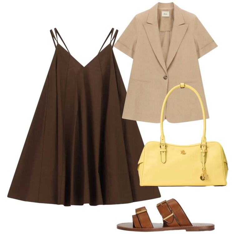 Outfit donna - Sandali protagonisti. Stile Bon Ton per Tutti i giorni. Abbinamento con vestiti corti, sandali in pelle, borse a mano, blazer.