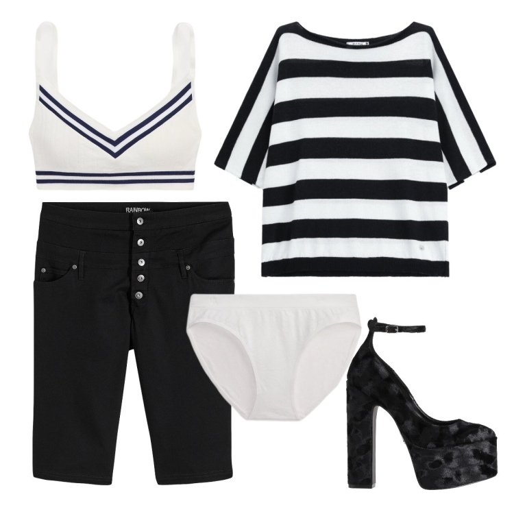 Outfit donna - Jailhouse rock. Stile Rock per Serata fuori. Abbinamento con décolleté, bermuda, top, reggiseni, culotte.