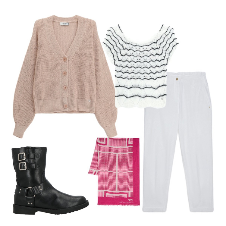 Outfit donna - Cardigan elegante. Stile Urban per Serata fuori. Abbinamento con stivaletti, sciarpe, cardigans, canottiere, pantaloni.