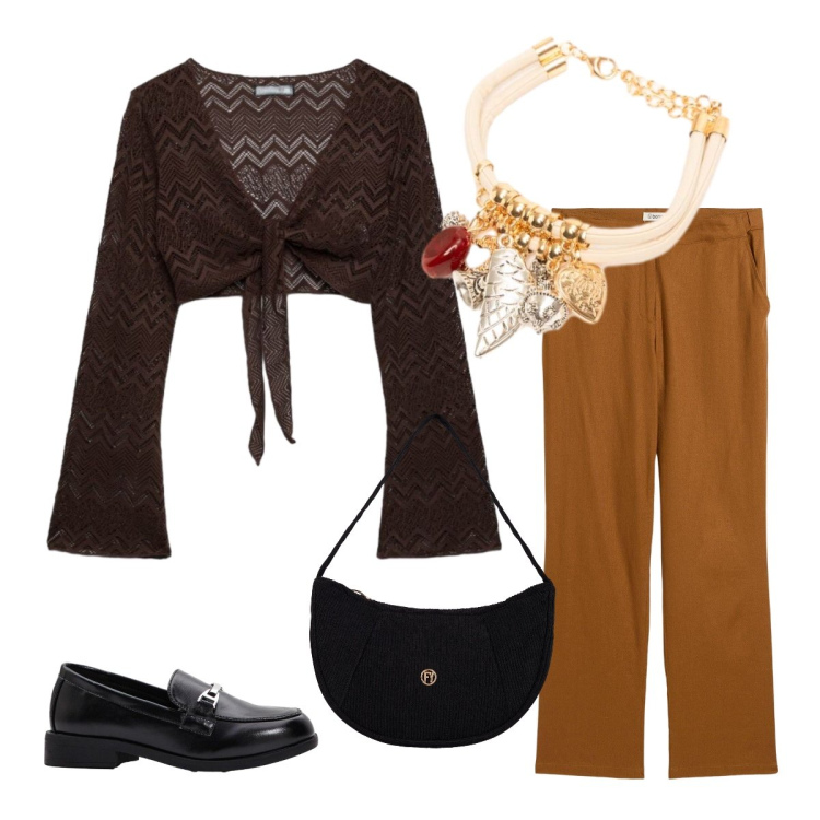 Outfit donna - Eleganza curvy. Stile Sporty chic per Serata fuori. Abbinamento con pantaloni, mocassini, top, braccialetti con ciondoli, borse a mano.