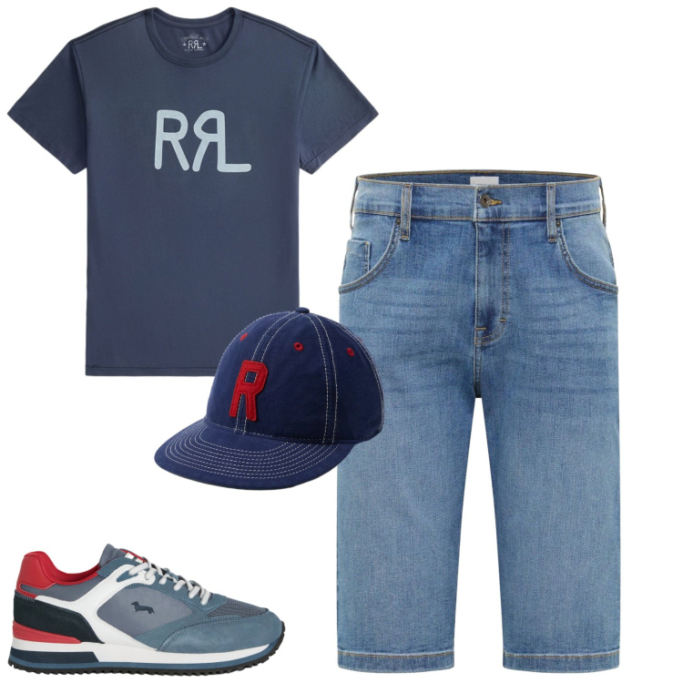 Outfit uomo - Giugno. Stile Casual per Tutti i giorni. Abbinamento con bermuda, sneakers, t-shirt, cappelli con visiera.