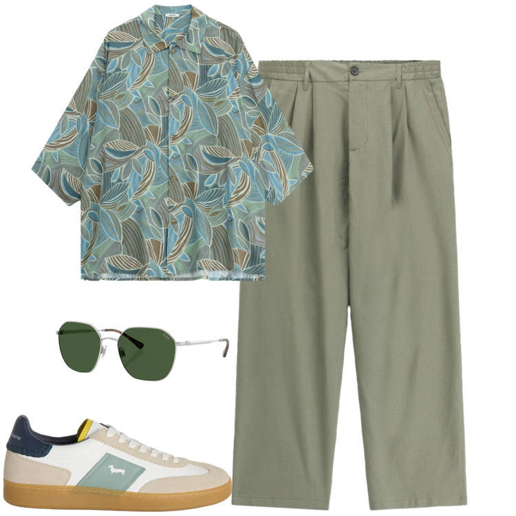 Outfit uomo - Giugno. Stile Trendy per Tutti i giorni. Abbinamento con sneakers, occhiali da sole, camicie a manica corta, pantaloni.