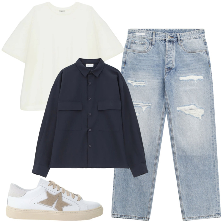 Outfit uomo - City. Stile Casual per Tutti i giorni. Abbinamento con jeans strappati, camicie, sneakers, t-shirt.