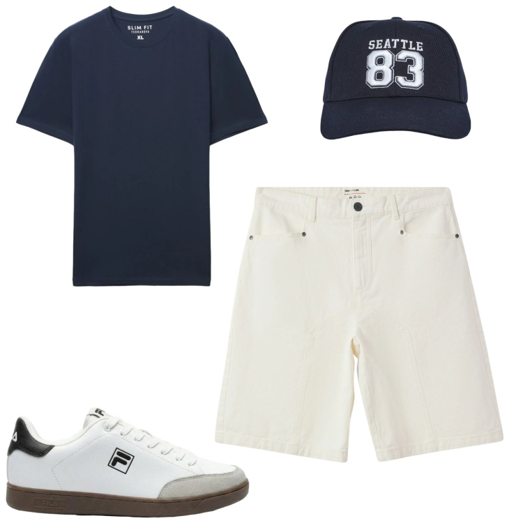 Outfit uomo - Giugno. Stile Casual per Tutti i giorni. Abbinamento con sneakers, cappelli, bermuda, t-shirt.