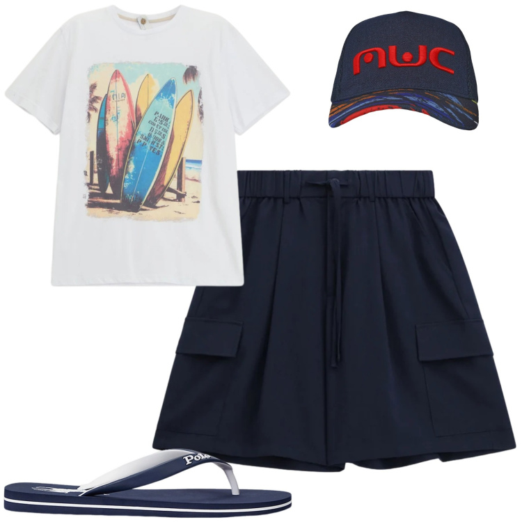 Outfit uomo - Al mare. Stile Casual per Mare. Abbinamento con cappelli con visiera, sandali, t-shirt, bermuda.