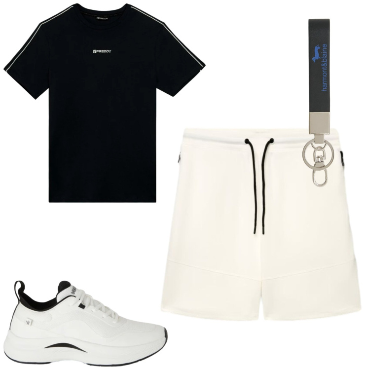Outfit uomo - Total look #2418308. Stile Casual per Tutti i giorni. Abbinamento con portachiavi, pantaloni corti, sneakers, t-shirt.