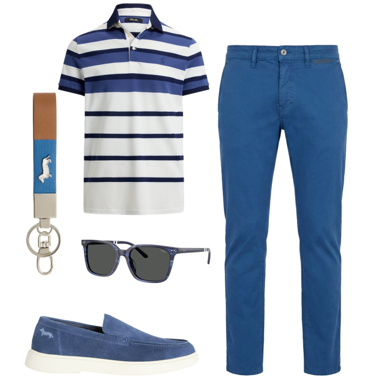 Outfit uomo - In city. Stile Urban per Tutti i giorni. Abbinamento con pantaloni, portachiavi, scarpe stringate, occhiali da sole, polo.