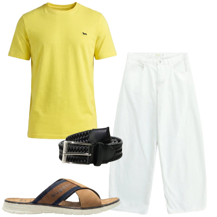 Outfit uomo - Mare. Stile Casual per Mare. Abbinamento con sandali, t-shirt, cinture, pantaloni.