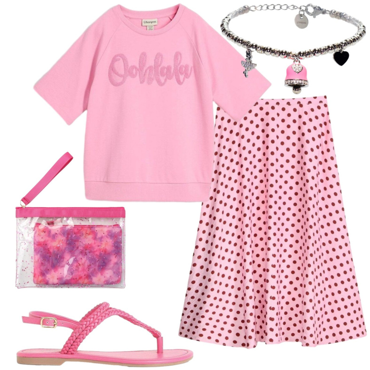 Outfit donna - Total look #2418313. Stile Casual per Tutti i giorni. Abbinamento con felpe, gonne longuette, sandali, pochette, braccialetti.