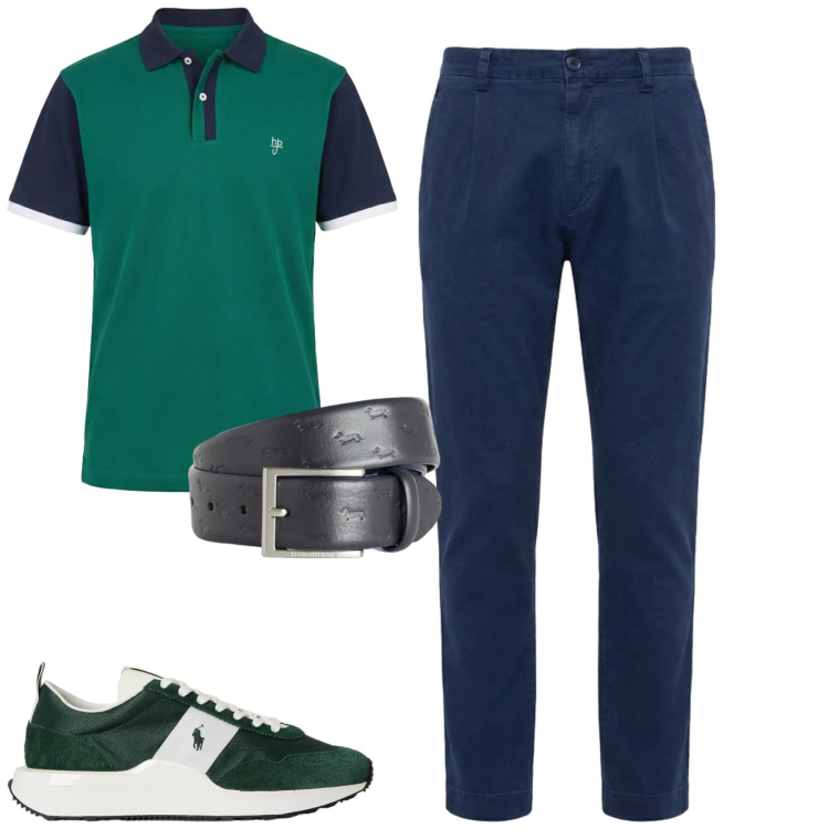 Outfit uomo - Giugno. Stile Casual per Tutti i giorni. Abbinamento con cinture, pantaloni, polo, sneakers.