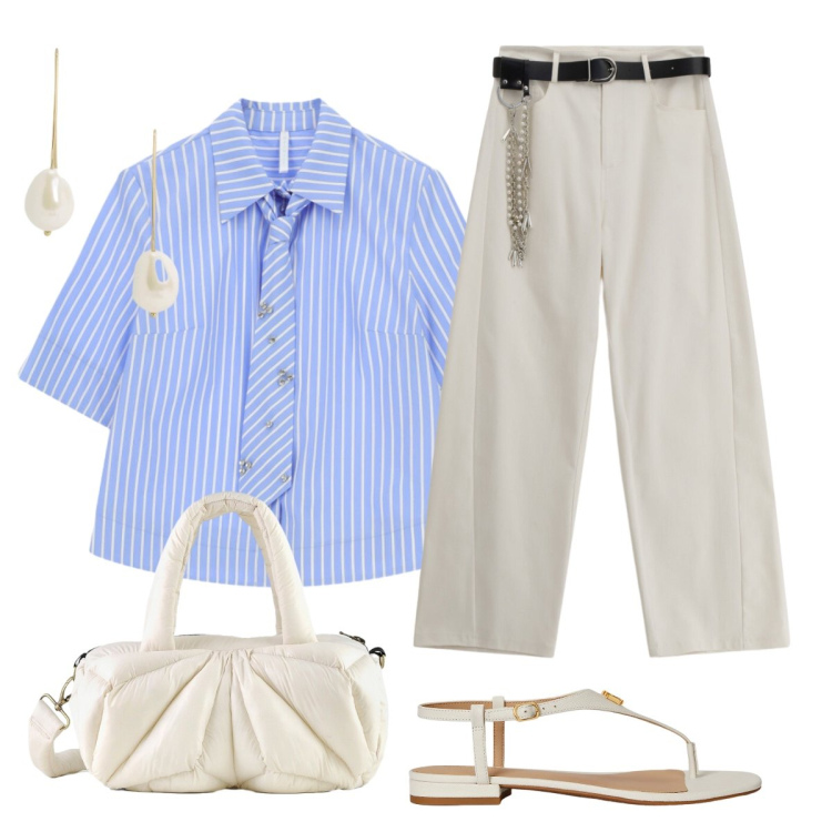 Outfit donna - Un po’ mannish. Stile Mannish per Ufficio. Abbinamento con pantaloni a palazzo, camicie a manica corta, sandali in pelle, orecchini, borse a mano.
