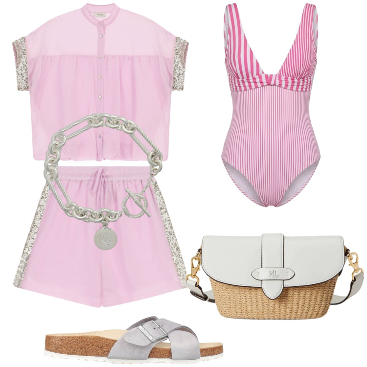 Outfit donna - Al mare con stile. Stile Trendy per Mare. Abbinamento con sandali in pelle, costumi interi, shorts, camicie a manica corta, braccialetti, borse a spalla.