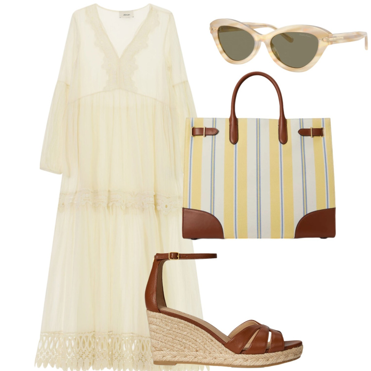 Outfit donna - Serata caprese. per Serata fuori. Abbinamento con zeppe, occhiali da sole, borse tote, vestiti lunghi.
