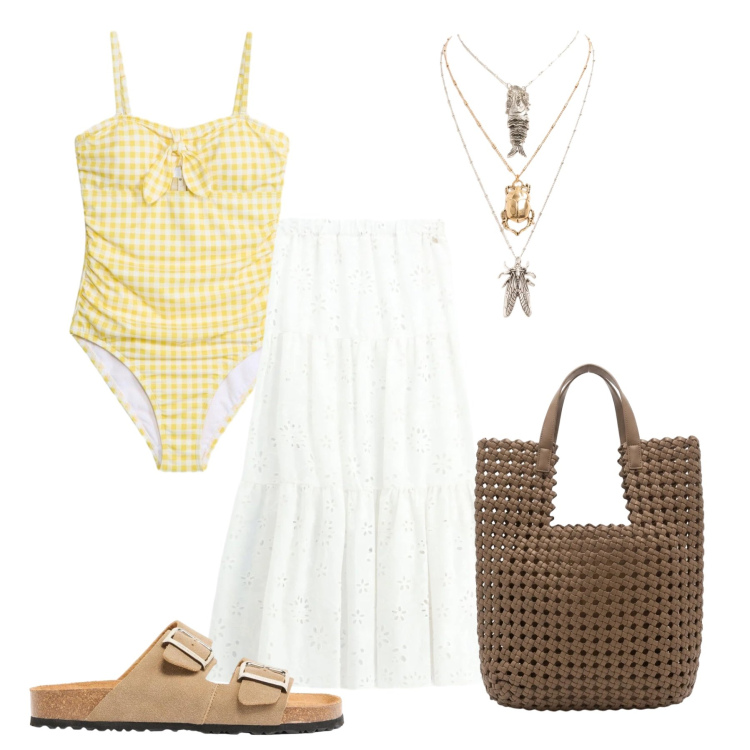 Outfit donna - Giallo burro al mare. Stile Casual per Mare. Abbinamento con ciabatte, costumi interi, gonne longuette, borse tote, ciondoli.