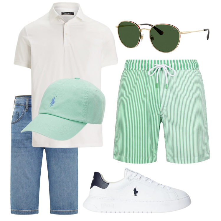 Outfit uomo - Al mare con stile. Stile Trendy per Mare. Abbinamento con bermuda, costumi, cappelli, sneakers, polo, occhiali da sole.