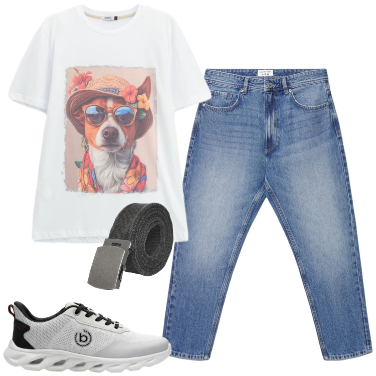 Outfit uomo - Giugno. Stile Casual per Tutti i giorni. Abbinamento con sneakers, cinture, jeans, t-shirt.