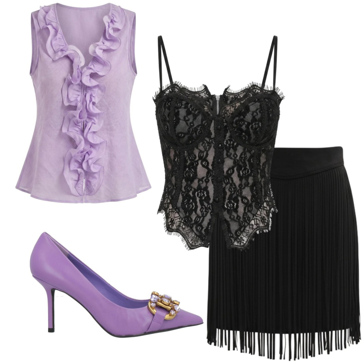 Outfit donna - Femminilità. Stile Casual chic per Serata fuori. Abbinamento con décolleté, camicie a manica corta, minigonne, top.