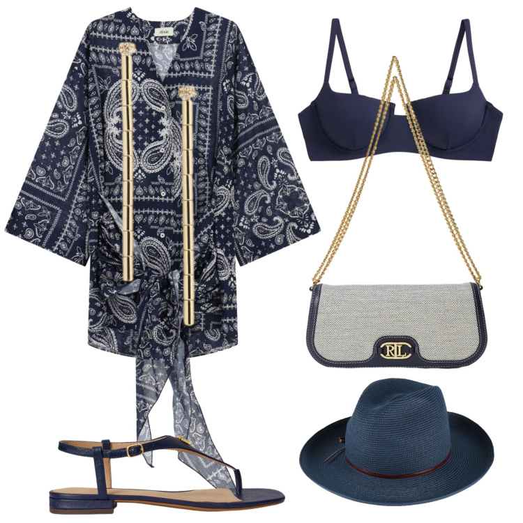 Outfit donna - Estate chic. Stile Chic per Mare. Abbinamento con cappelli, vestiti corti, sandali in pelle, bikini, orecchini, borse a tracolla.