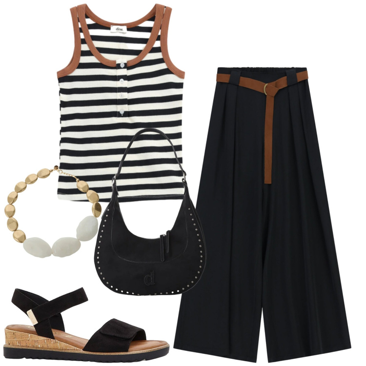 Outfit donna - Dixie. Stile Casual chic per Tutti i giorni. Abbinamento con sandali, cappotti, collane, top, pantaloni a palazzo.