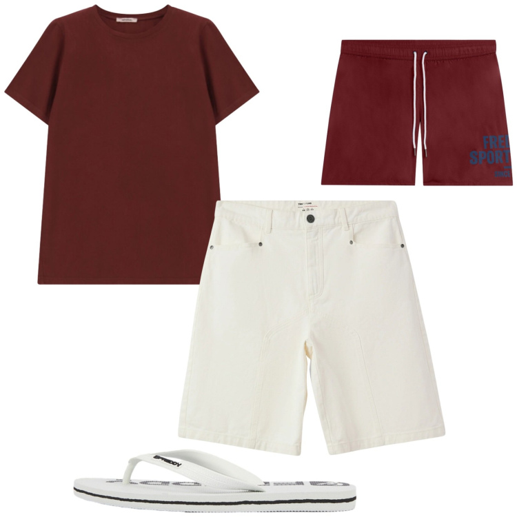 Outfit uomo - Total look #2418329. Stile Casual per Mare. Abbinamento con bermuda, t-shirt, sandali, costumi.