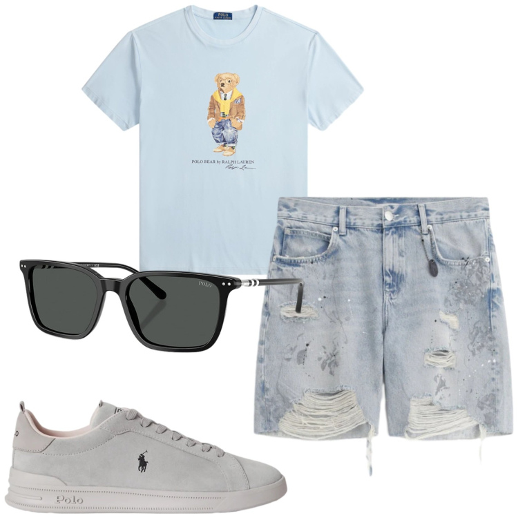 Outfit uomo - Total look #2418330. Stile Trendy per Tutti i giorni. Abbinamento con bermuda, occhiali da sole, sneakers, t-shirt.